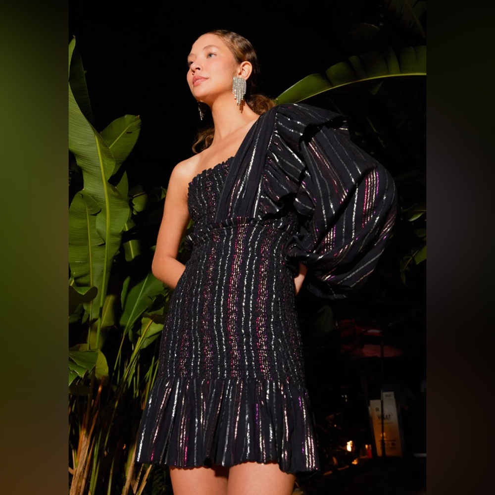 Farm Rio Lurex Stripes Mini Dress One Shoulder Statement Sleeve Sz Med